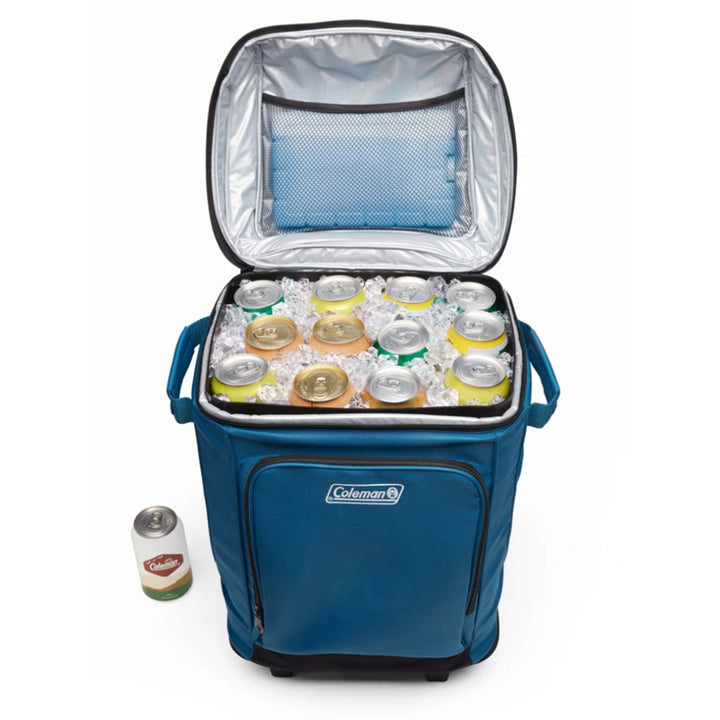 Coleman Chiller 42-Can Soft-Sided Cooler in Deep Ocean with wheels, portable cooler for outdoor activities and picnics.