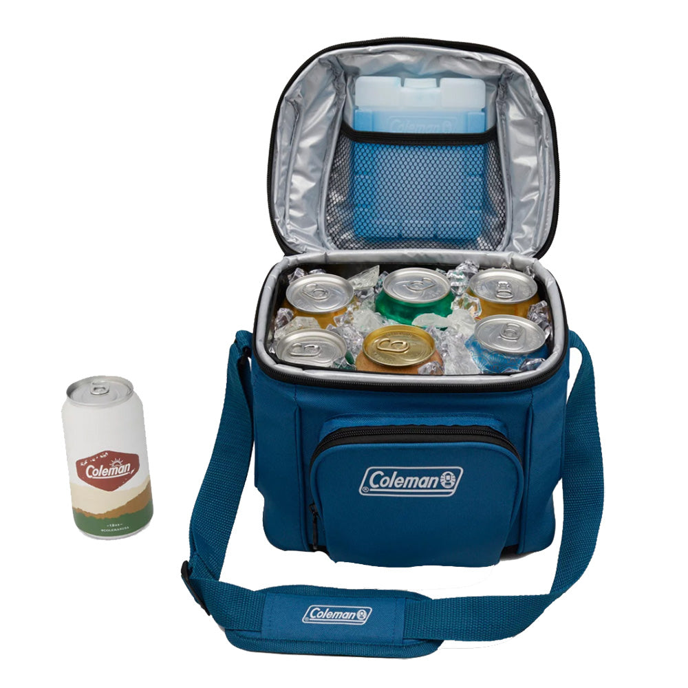 Coleman CHILLER 9-Can Soft-Sided Portable Cooler in Deep Ocean with zipper closure and carrying handle.