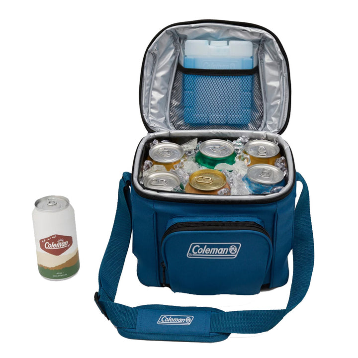 Coleman CHILLER 9-Can Soft-Sided Portable Cooler in Deep Ocean with zipper closure and carrying handle.