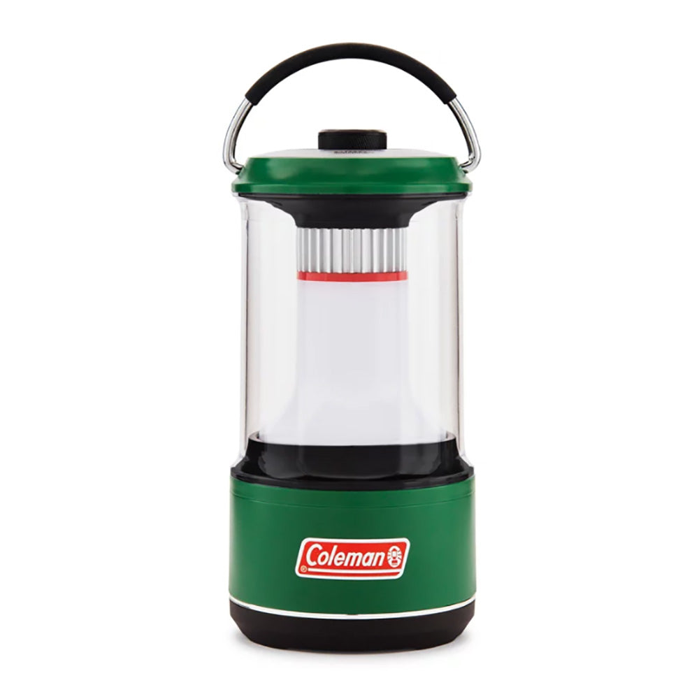 Green Coleman LED Lantern with 600 lumens brightness and BatteryGuard technology, designed for outdoor lighting and camping.