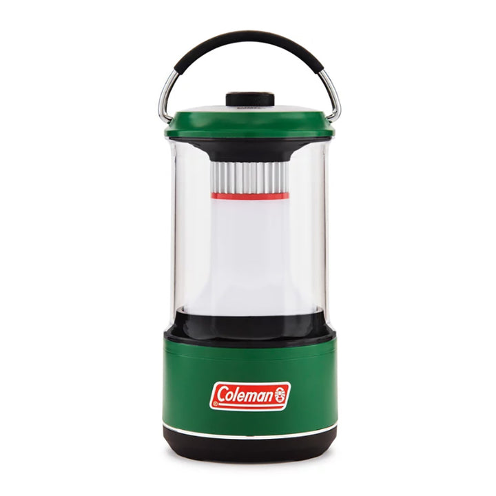 Green Coleman LED Lantern with 600 lumens brightness and BatteryGuard technology, designed for outdoor lighting and camping.