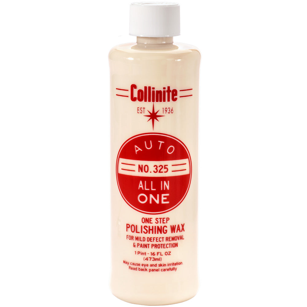 Collinite 325 All-In-One Polishing Wax in 16oz bottle, suitable for cleaning and polishing vehicles.