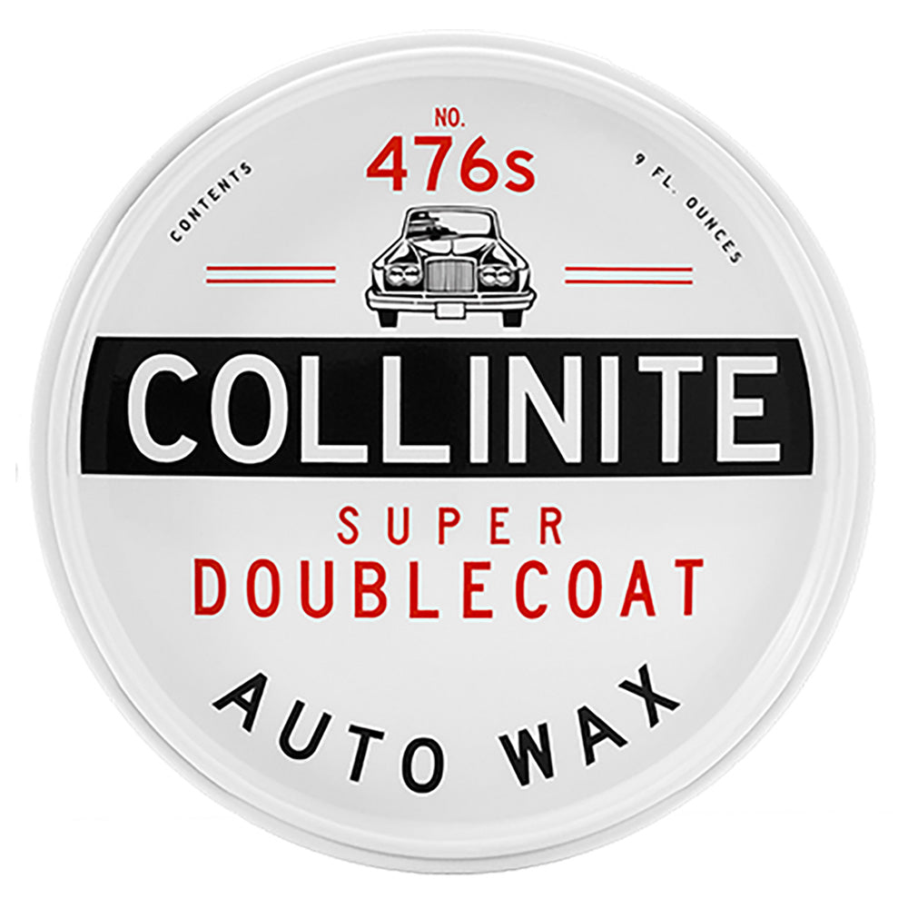 Collinite 476s Super DoubleCoat auto paste wax in 9oz container, used for automotive cleaning and shine protection.