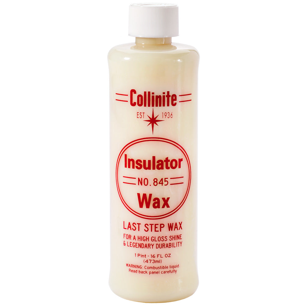 Collinite 845 Insulator Wax in a 16oz container, a cleaning wax for automotive surfaces, with a blue lid and clear label on the jar.