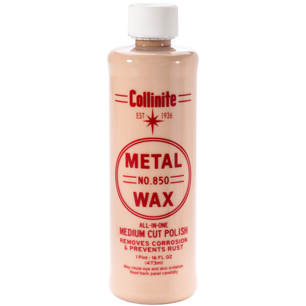 Collinite 850 Metal Wax and Medium Cut Polish, 16oz bottle, for cleaning and polishing metal surfaces.