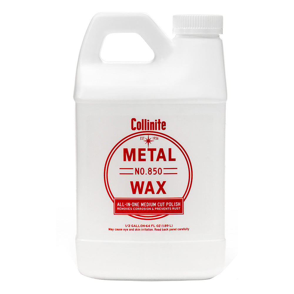 Collinite 850 Metal Wax and Medium Cut Polish in a 64oz container, used for cleaning and polishing metal surfaces.