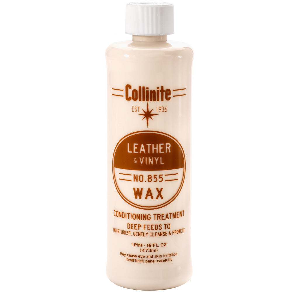 Collinite 855 Leather and Vinyl Wax in 16oz container, cleaning and protecting leather and vinyl surfaces.