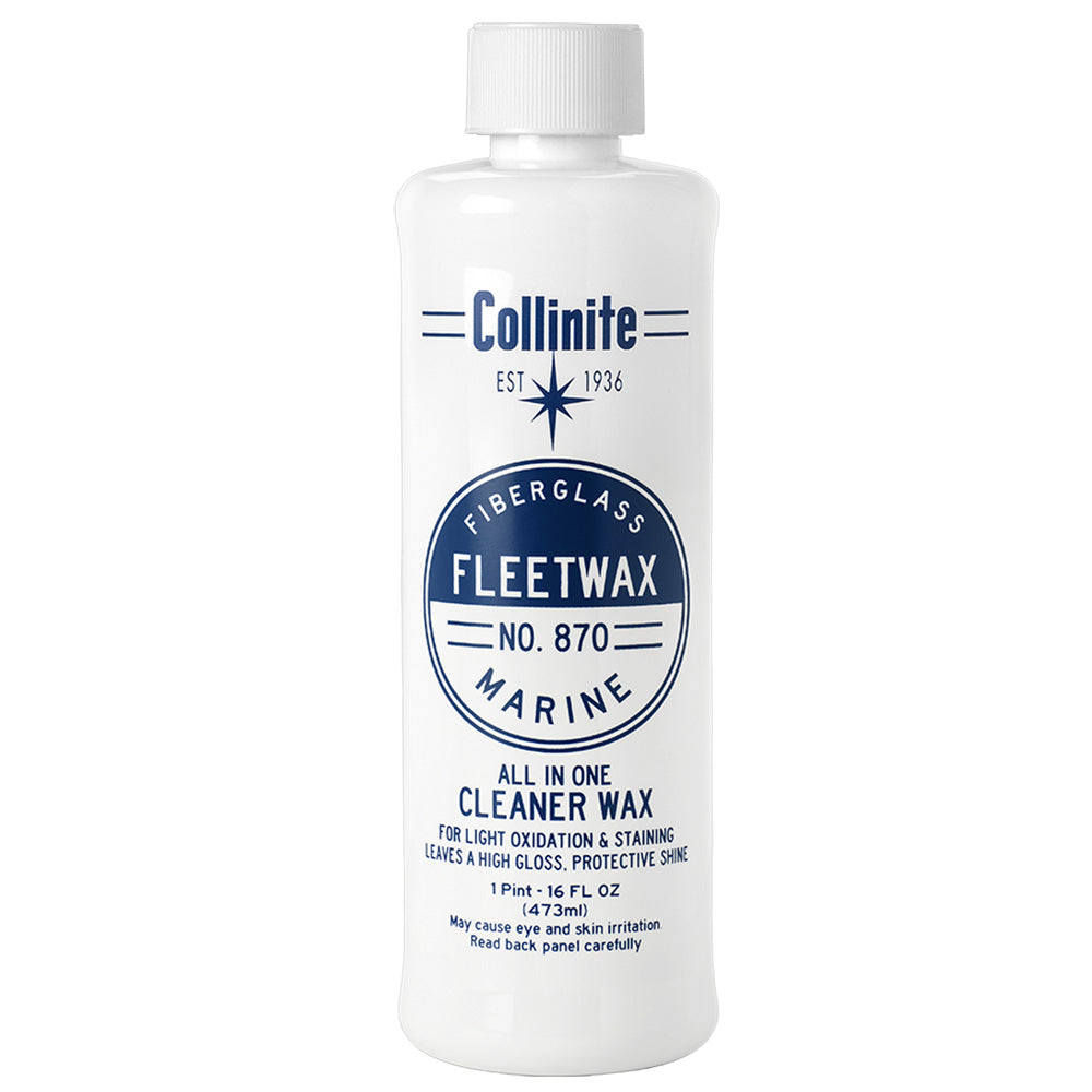 Collinite 870 Marine Fiberglass Fleetwax 16oz bottle, cleaning product for boat fiberglass, with white label and blue cap.