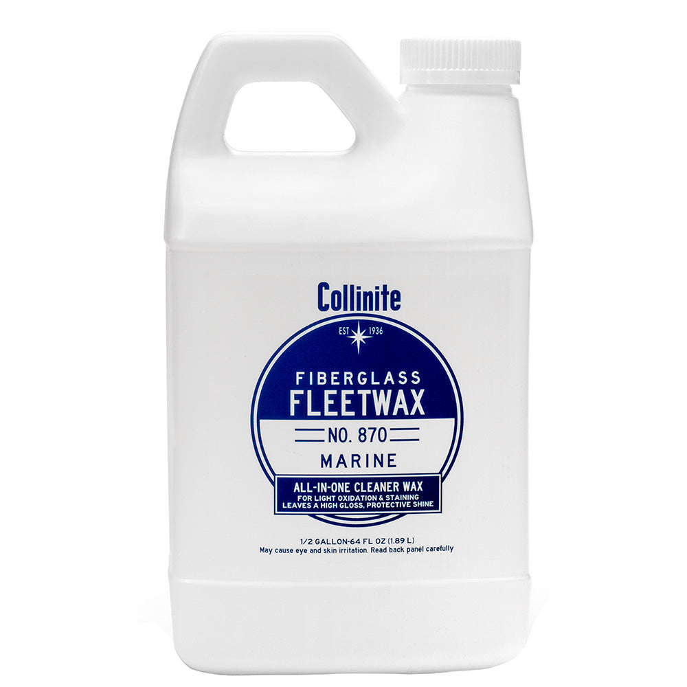 Collinite 870 Marine Fiberglass Fleetwax 64oz bottle, cleaning product for marine fiberglass surfaces, with a white label and blue cap.