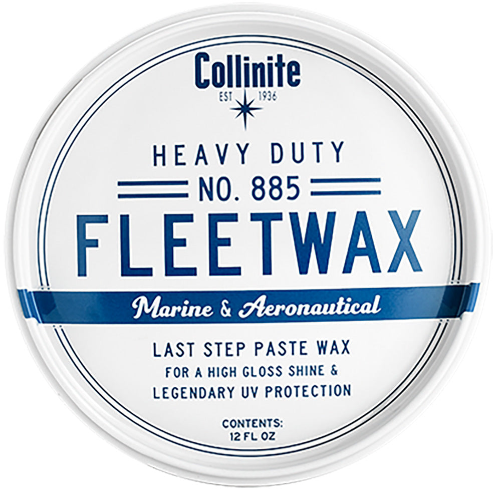Collinite 885 Heavy Duty Fleetwax paste in a 12oz container, ideal for cleaning and protecting vehicle surfaces with durable wax.