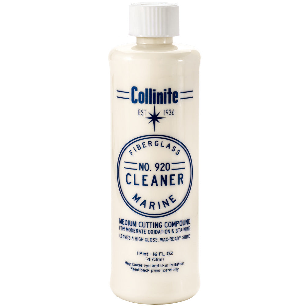 Collinite 920 Fiberglass Marine Cleaner in a 16oz bottle, designed for cleaning and restoring boat fiberglass surfaces.