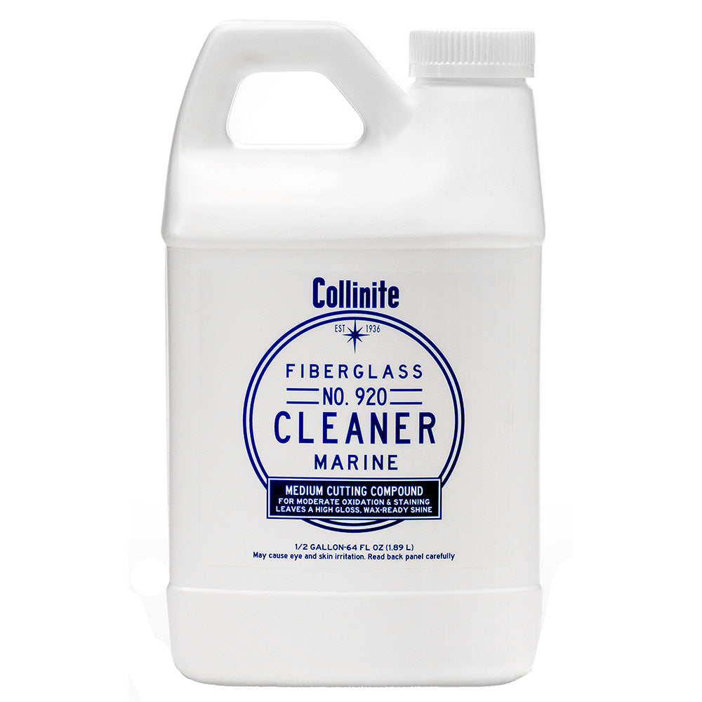 Collinite 920 Fiberglass Marine Cleaner in a 64oz bottle, designed for cleaning and restoring fiberglass surfaces on boats.