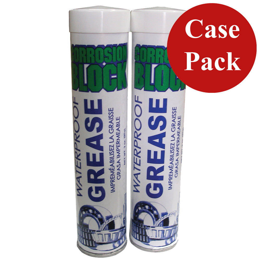 Corrosion Block high-performance waterproof grease tubes, 2oz each, in a case of six, showing the grease application on metal surfaces.