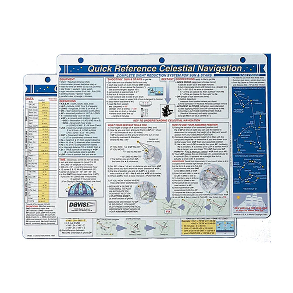 Davis Instruments celestial navigation card, quick reference accessory for celestial navigation, with star charts and navigation tips.