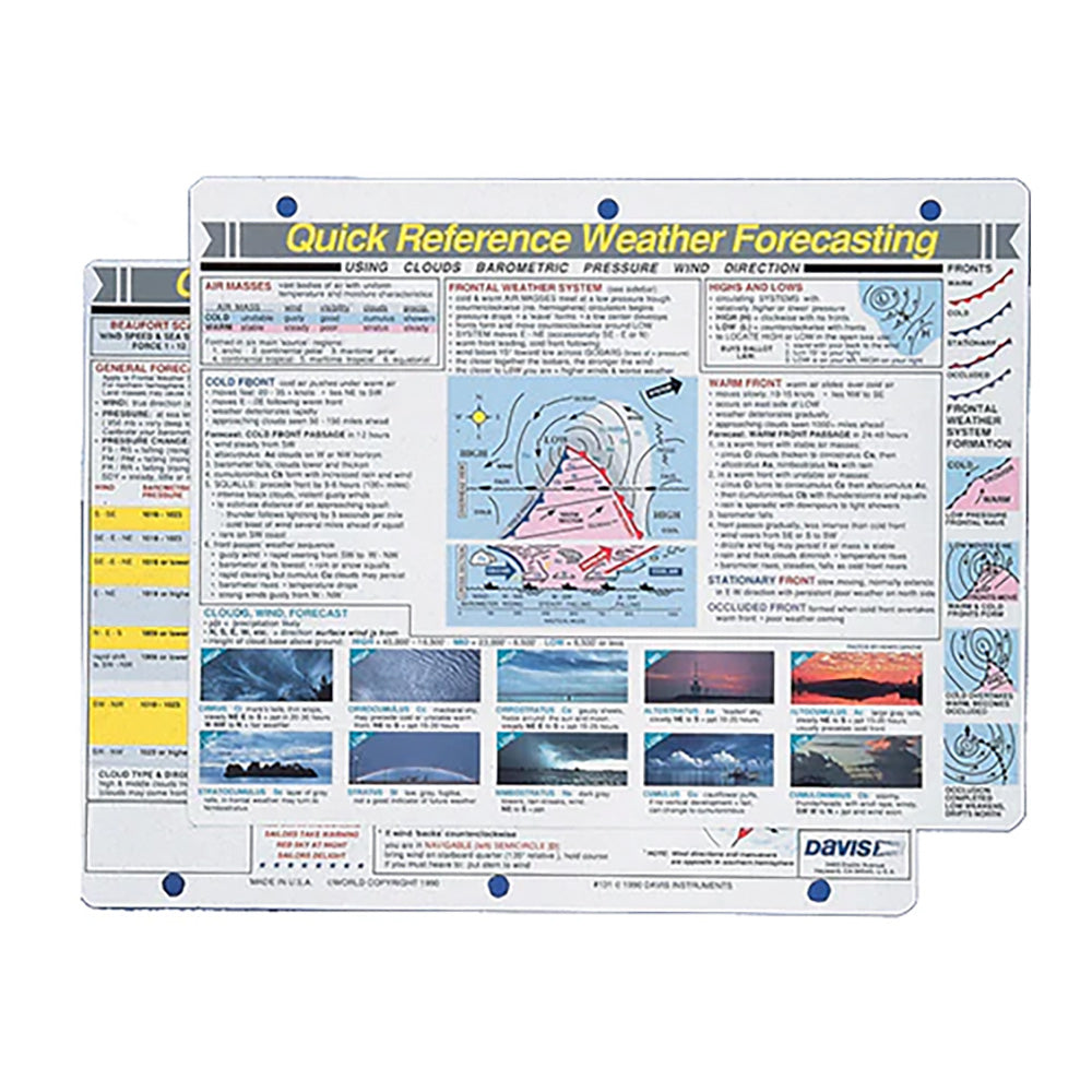 Davis Instruments Quick Reference Weather Forecasting Card showing symbols and tips for interpreting weather patterns.