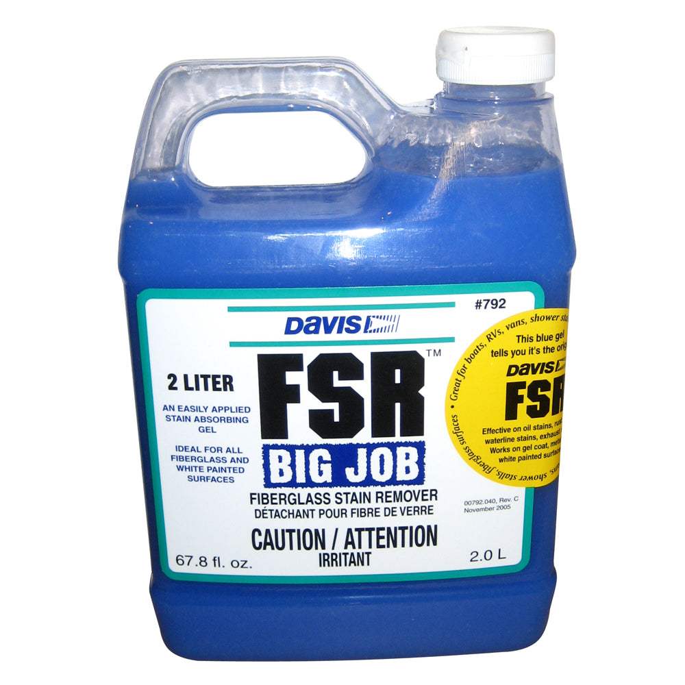 Davis Instruments FSR Big Job Fiberglass Stain Remover in a 2-liter bottle, designed for cleaning and removing stains from fiberglass surfaces.