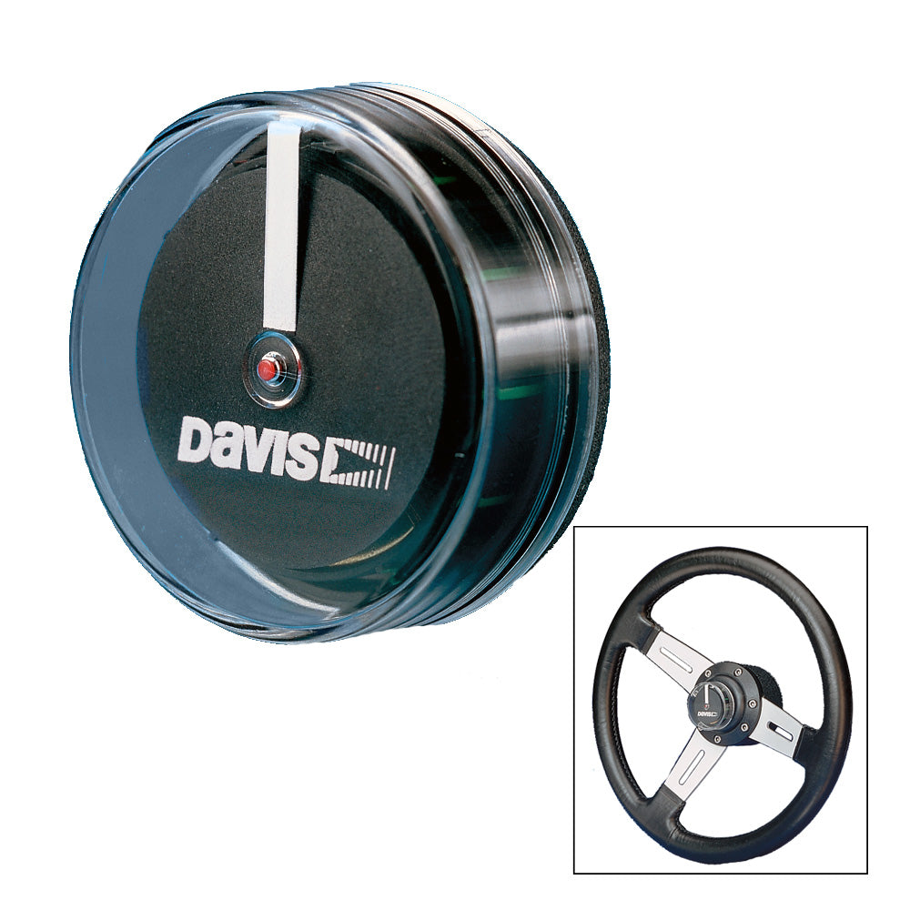 Davis Instruments steering wheel with Davis Rudder Position Indicator attached, showing navigation and rudder angle on a boat.