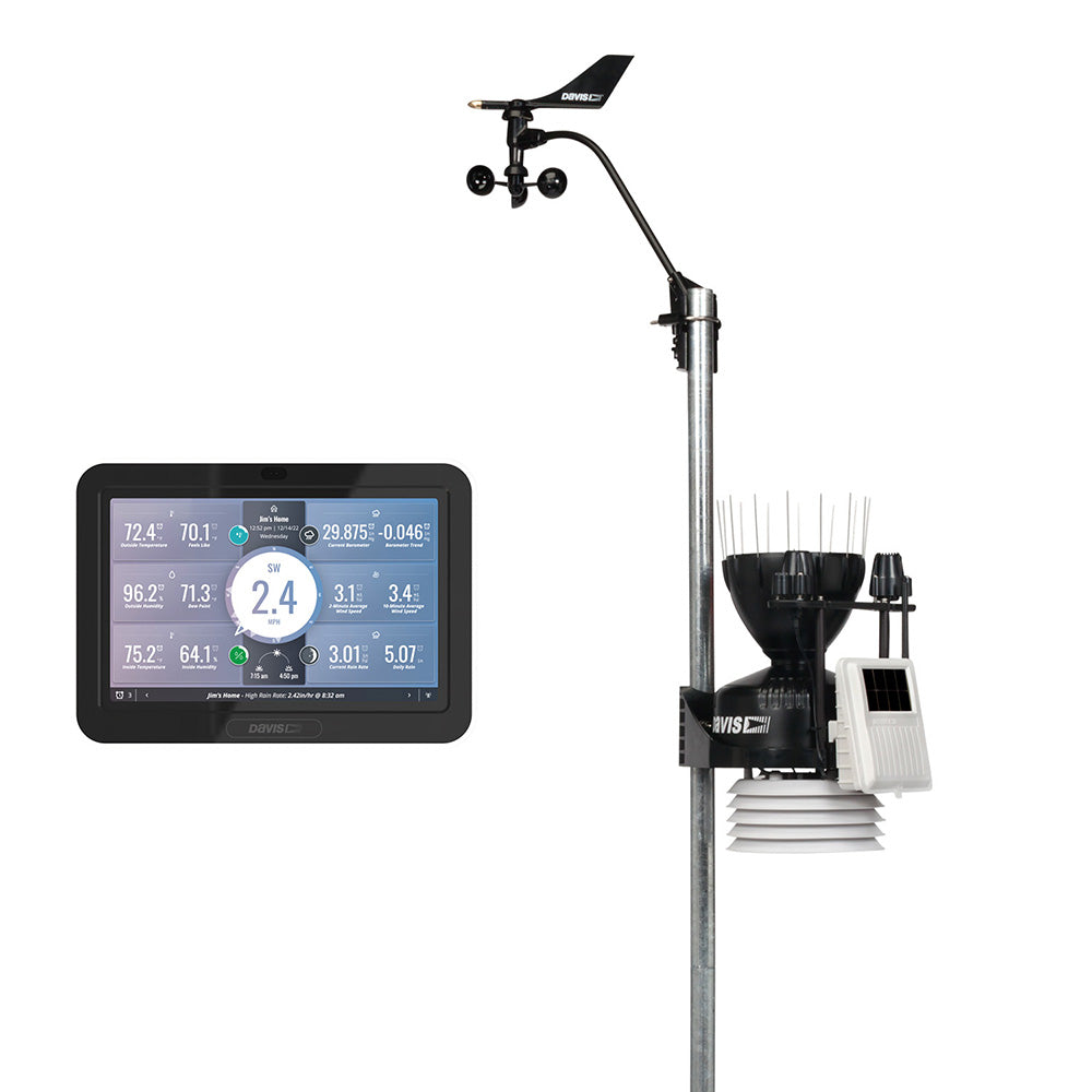 Davis Instruments Vantage Pro2 Plus wireless weather station with UV, solar radiation sensors, and WeatherLink console showing outdoor environment