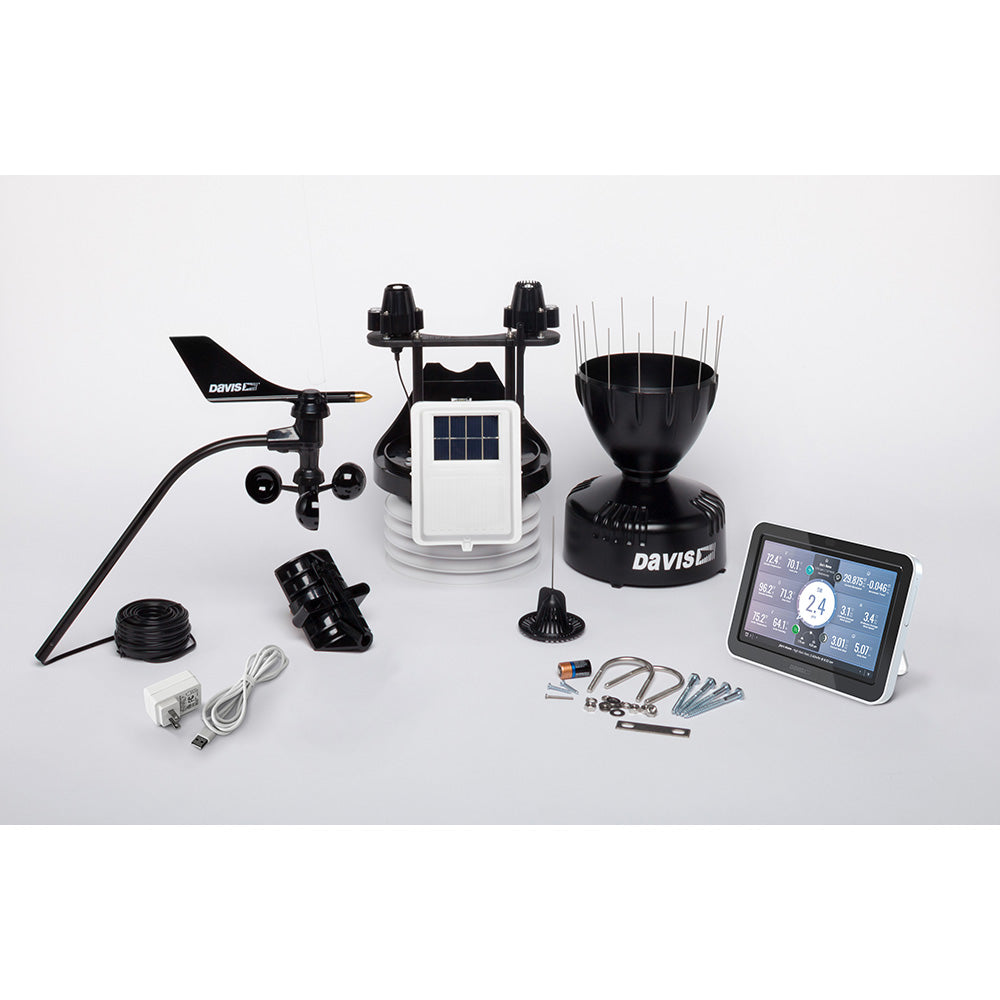 Davis Instruments Vantage Pro2 Plus wireless weather station with UV and solar radiation sensors, weatherLink console, and outdoor sensors.