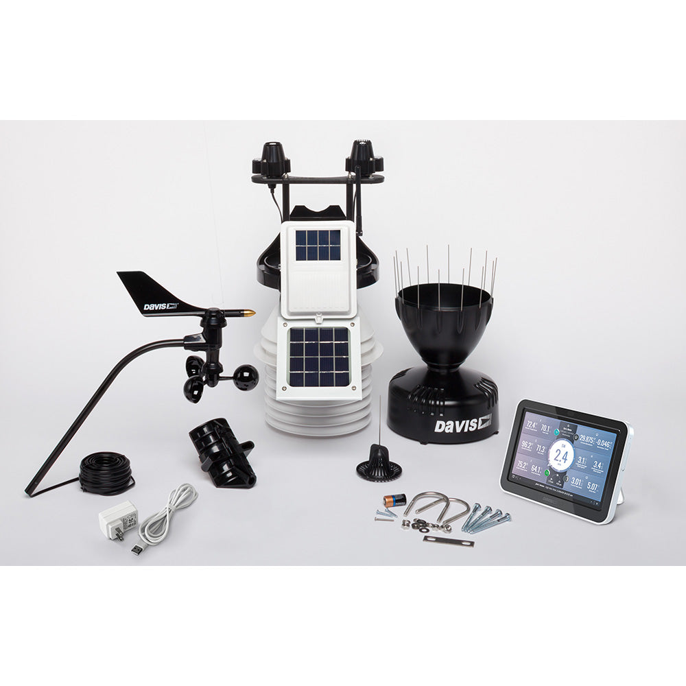 Davis Instruments Vantage Pro2 wireless weather station with WeatherLink console, solar UV sensors, fan aspirated radiation shield, and sensors