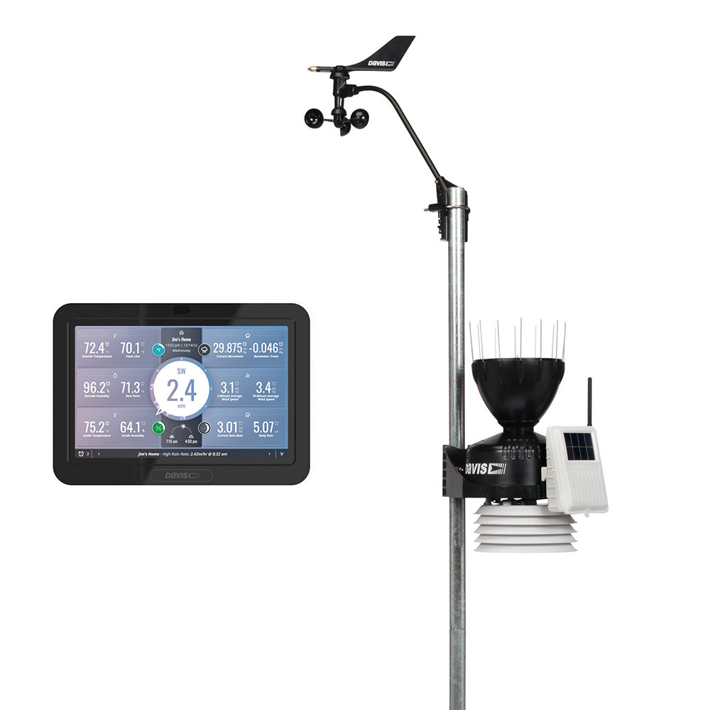 Davis Instruments Vantage Pro2 Wireless Weather Station with WeatherLink console and standard radiation shield, displaying outdoor sensors
