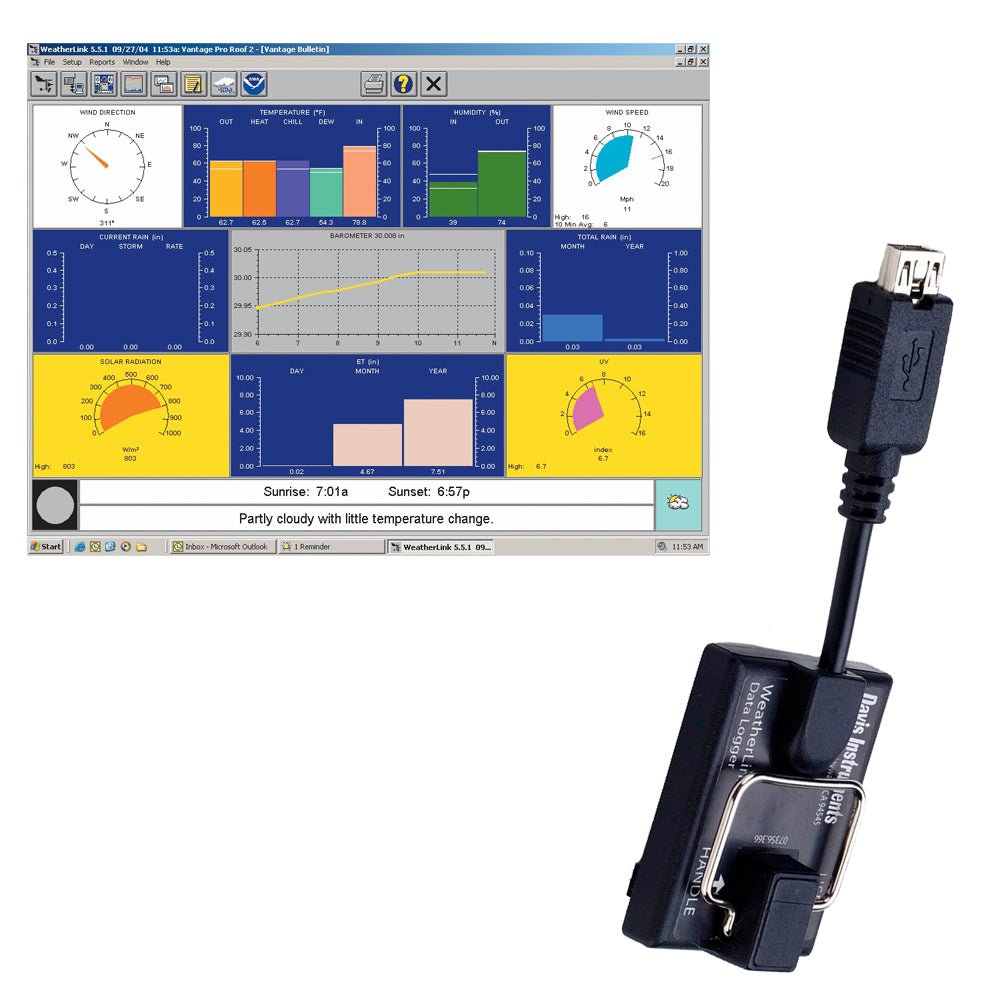 Davis Instruments WeatherLink device for Vantage Pro2 and Vantage Vue weather stations, shown with display screen and connection ports.