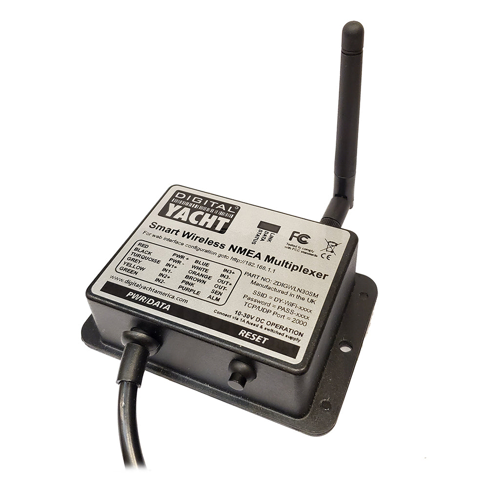 Digital Yacht WLN30 Smart Wireless NMEA multiplexer connected to marine navigation system, showcasing compact accessories for boat data sharing.
