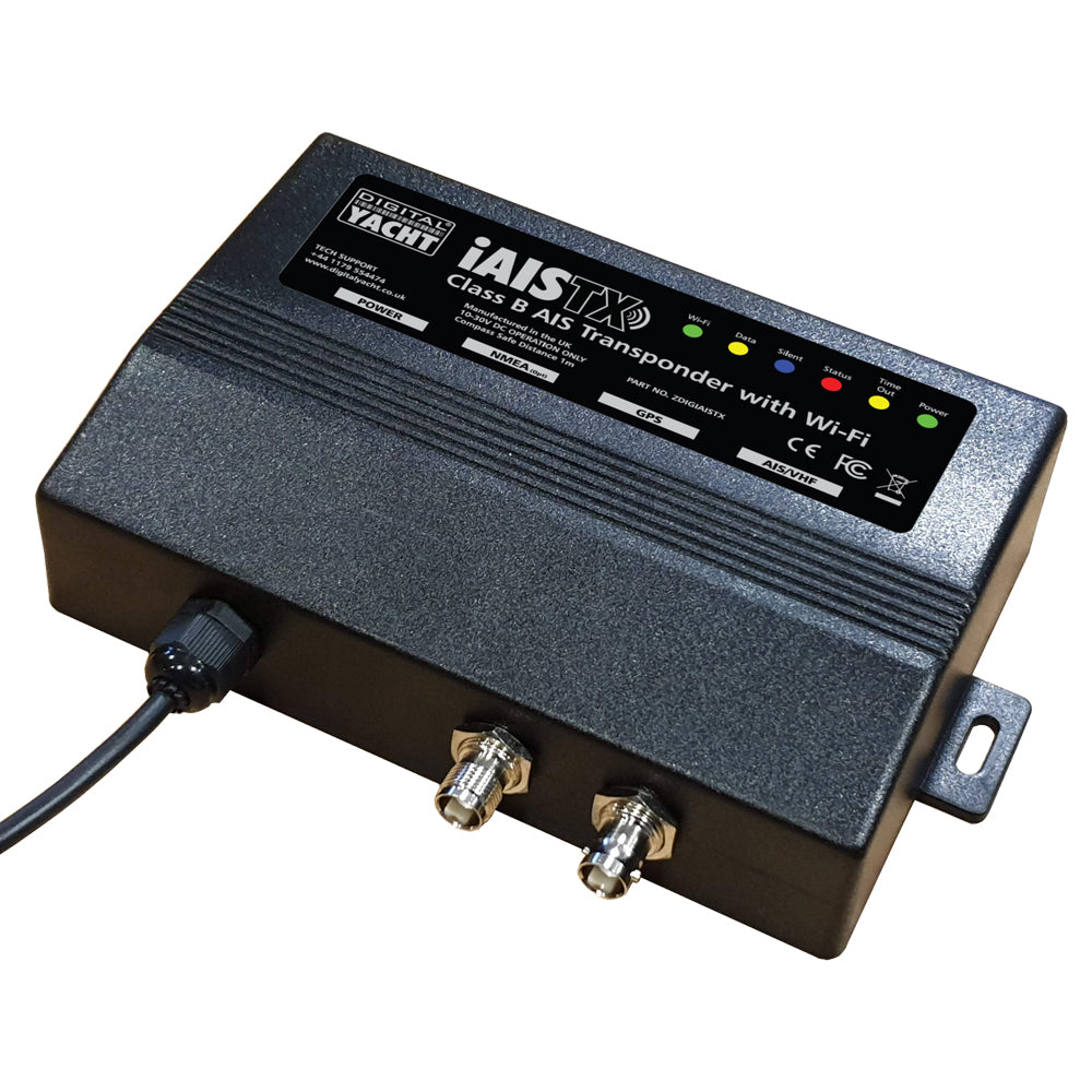 Digital Yacht iAISTX Plus Class B wireless NMEA 2000 AIS transponder for marine vessel tracking and communication.