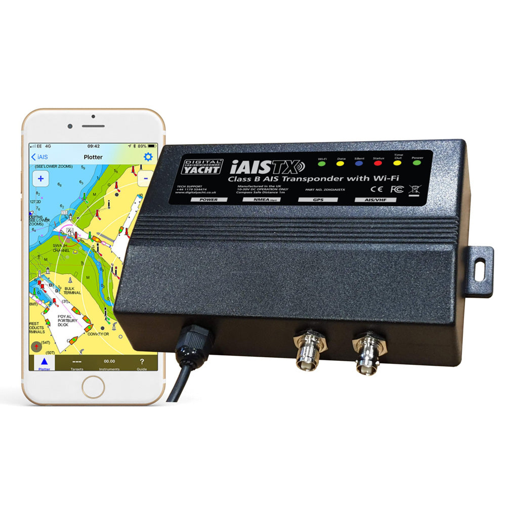 Digital Yacht iAISTX Plus Class B wireless AIS transponder for NMEA 2000 networks, showing device with antennas and display interface.