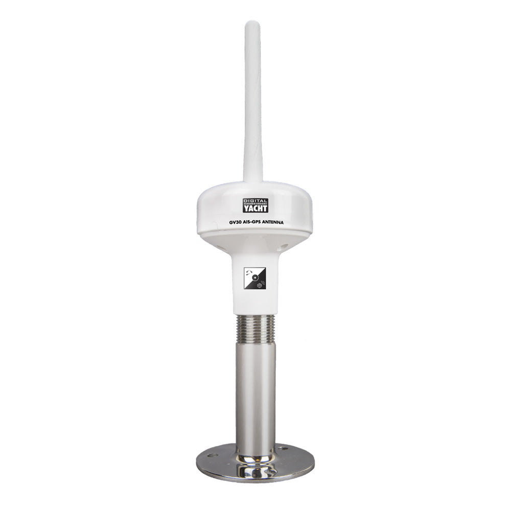 Digital Yacht GV30 VHF/AIS/GPS combo antenna mounted on a boat, showing its compact design and connection ports.