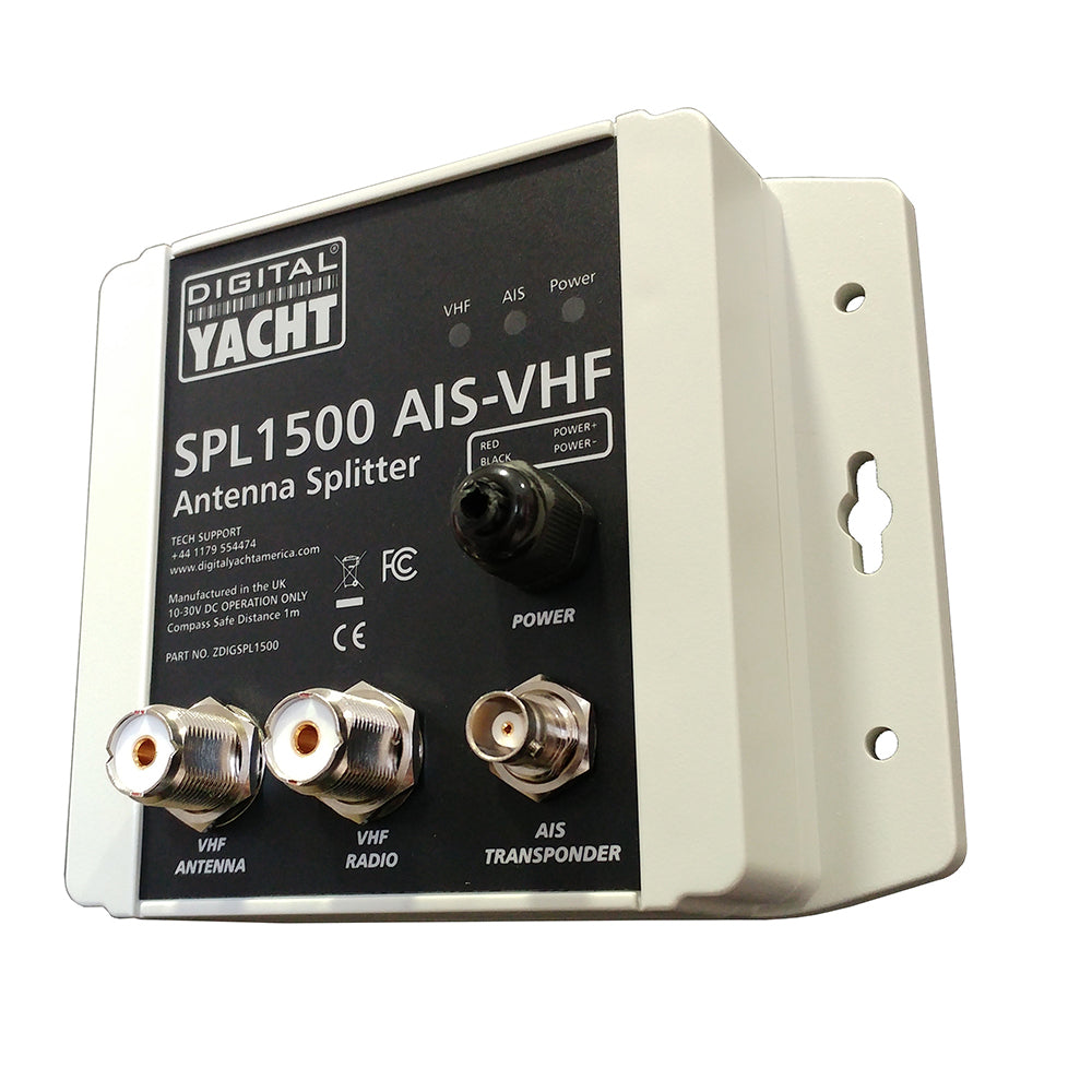 Digital Yacht SPL1500 VHF/AIS antenna splitter connected to marine radio and AIS system in a boat setup.
