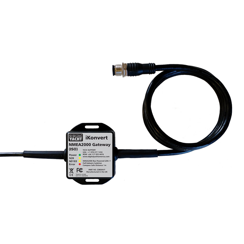 Digital Yacht iKonvert NMEA 2000 Gateway with ISO interface connecting marine NMEA sensors and cables for navigation data integration.
