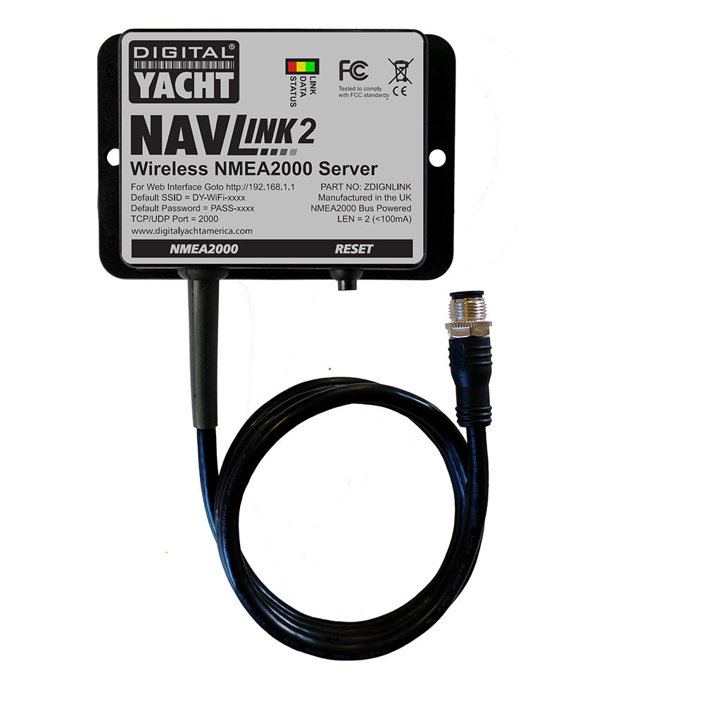 Digital Yacht NavLink 2 NMEA 2000 to WiFi Gateway showing device connected to marine NMEA network and WiFi module for boat navigation