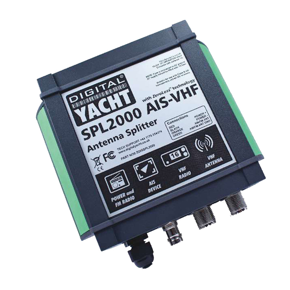 Digital Yacht SPL2000 VHF/AIS powered antenna splitter connected to NMEA cables for marine navigation systems.