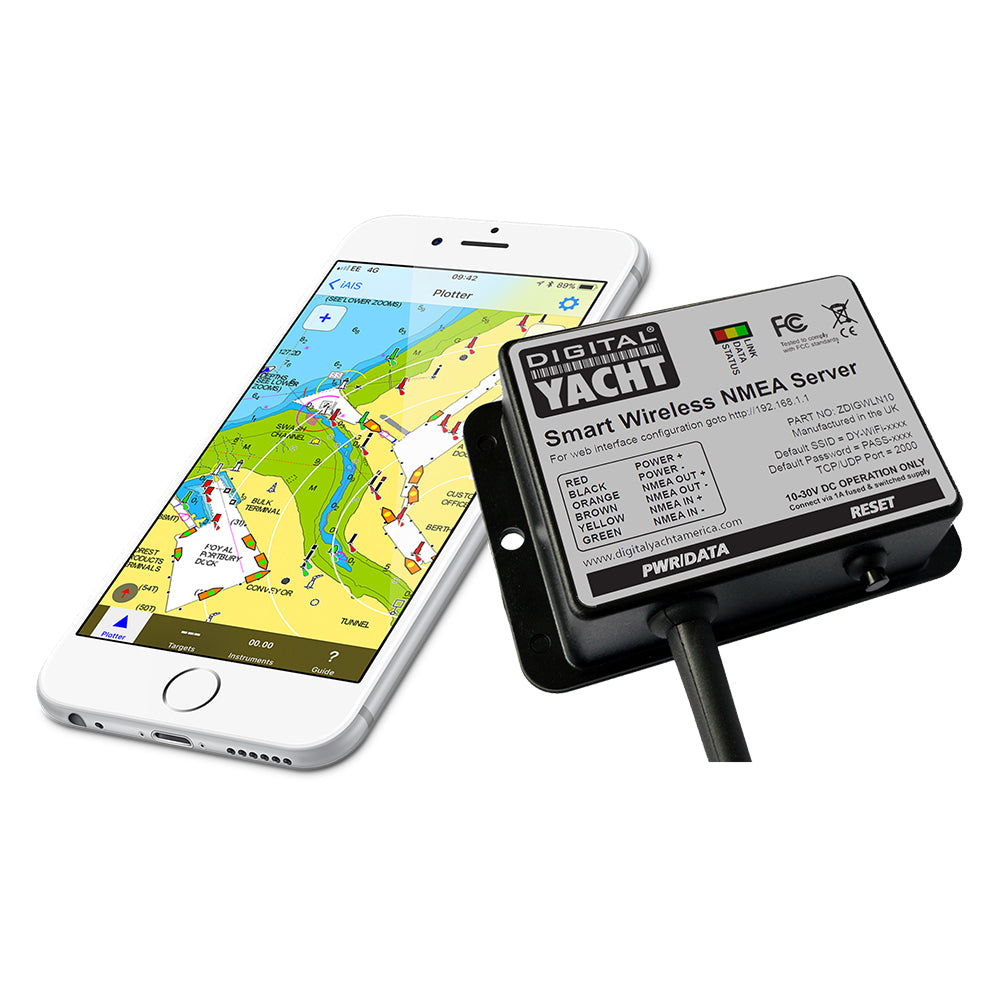 Digital Yacht WLN10 NMEA to WiFi converter connected to marine navigation equipment, displaying digital yacht branding and connection ports.