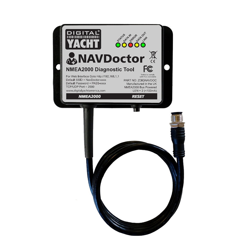 Digital Yacht NAVDoctor NMEA network diagnostic tool, a compact device with display screens for marine data diagnostics.