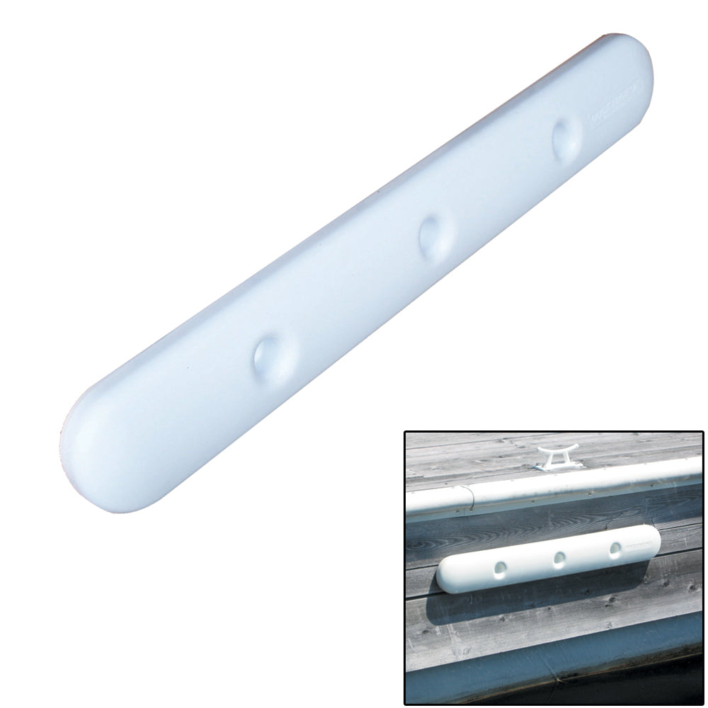 White Dock Edge Ultragard 35-inch PVC dock cushion bumper guard attached to a dock for protection