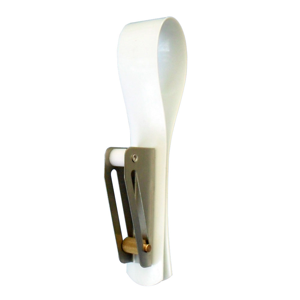 White Dock Edge Fender Holder with Adjuster for boat fenders, featuring a durable design and secure attachment for marine use.