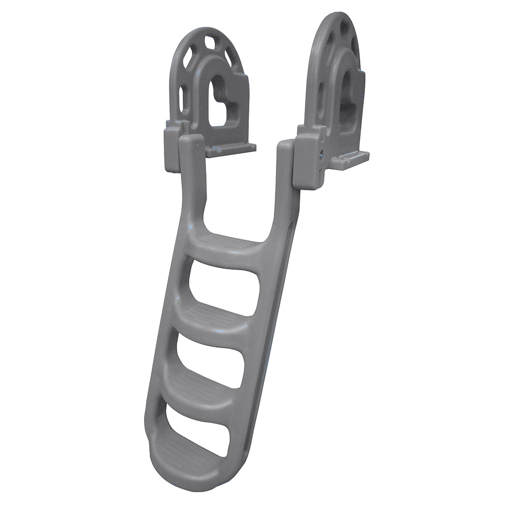Grey Dock Edge stand-off flip-up polyethylene dock ladder with four steps, roto-molded for durability and easy access to docks.