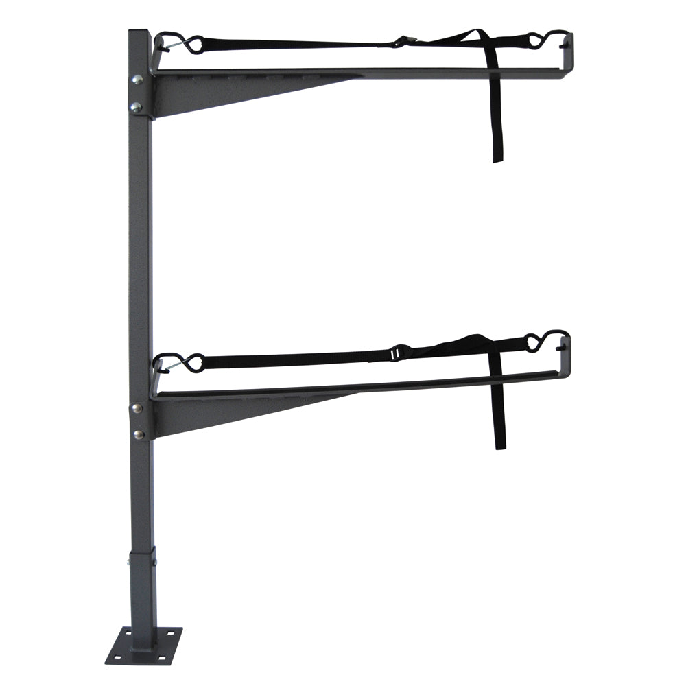 Dock Edge SUP and kayak rack for outdoor storage, featuring sturdy metal construction and secure mounting for watercraft.