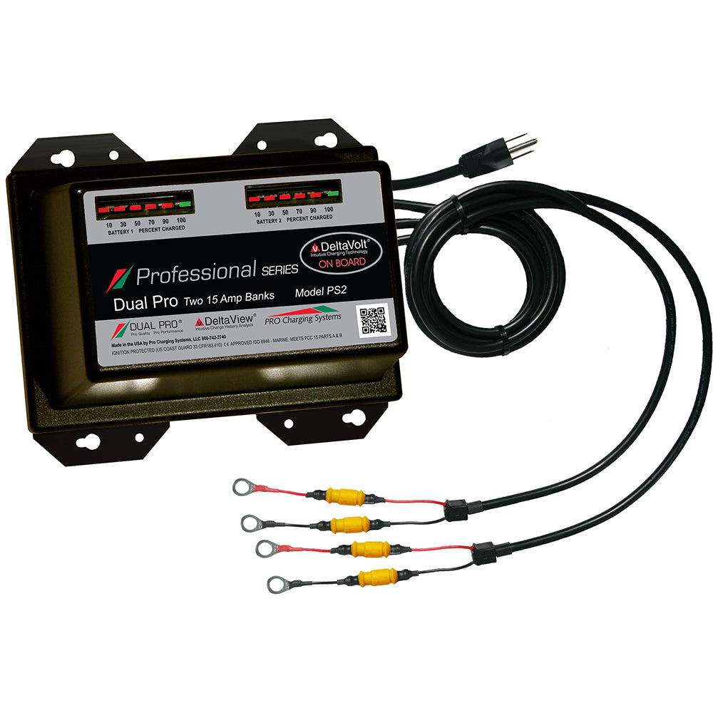 Dual Pro Professional Series 30A battery charger with 2 banks for 12V/24V batteries, featuring dual charging channels.