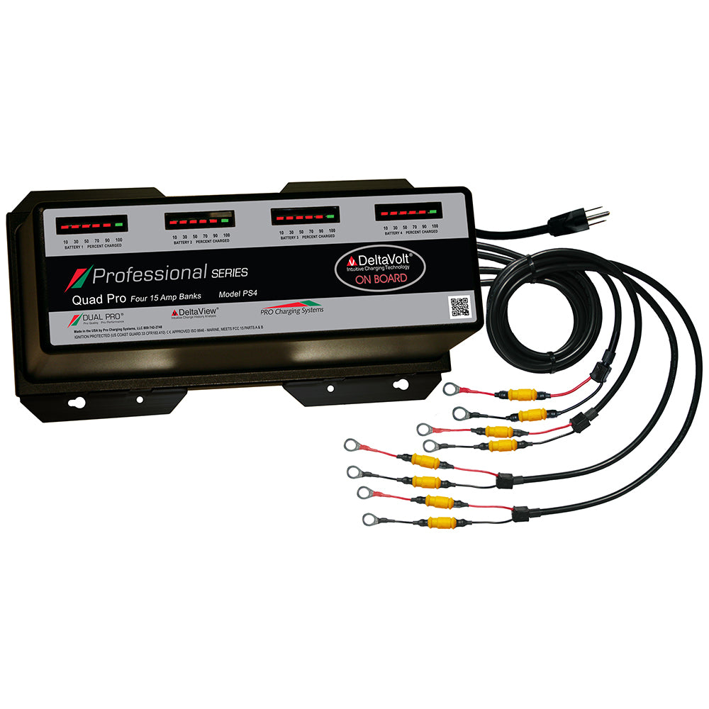 Dual Pro Professional Series 60A battery charger with 4-15A banks for 12V-48V batteries, used for automotive or marine applications.