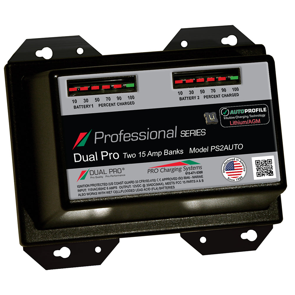 Dual Pro PS2 Auto 15A battery charger for lithium and AGM batteries, with dual-bank design and digital display.