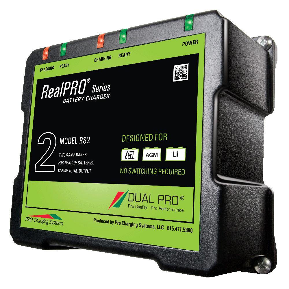 Dual Pro RealPRO Series battery charger with 12A output, 2-6A banks, suitable for 12V and 24V batteries, shown in image.