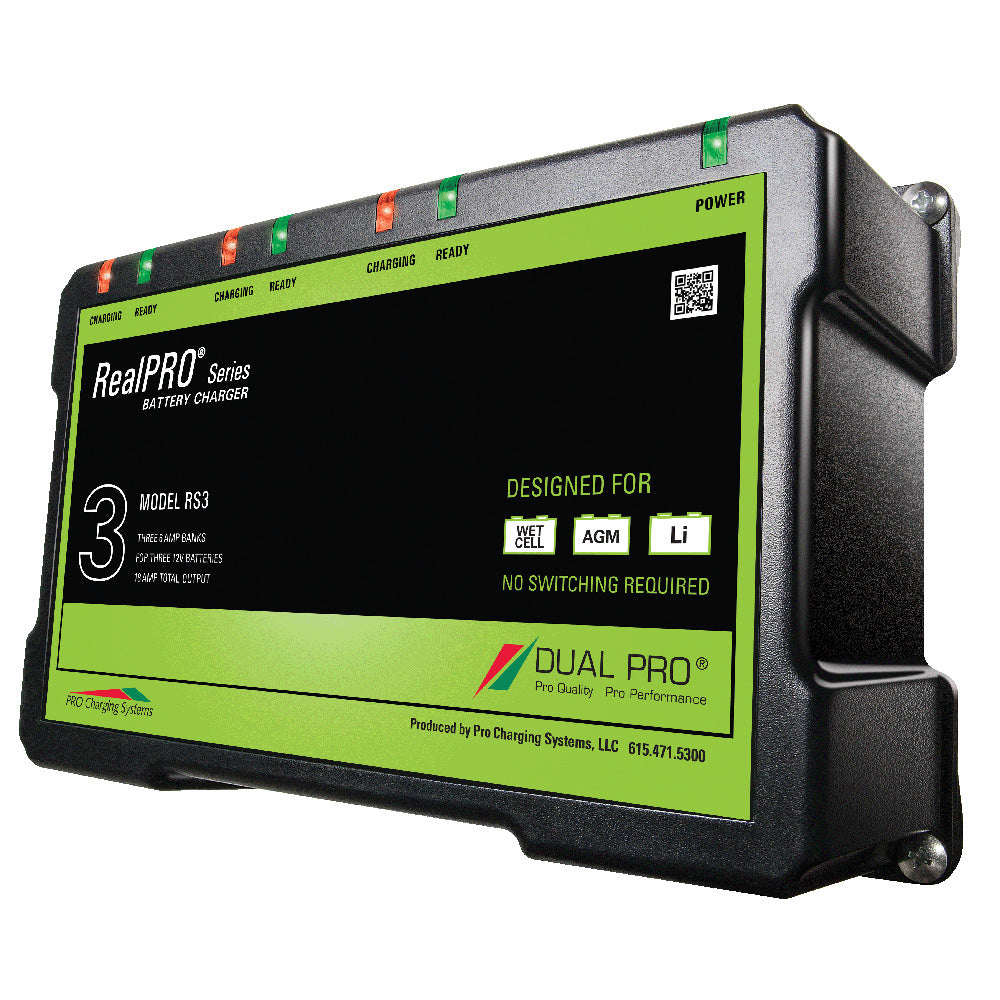 Dual Pro RealPRO Series 18A battery charger with 3-6A banks for 12V-36V batteries, featuring a rugged design and multiple bank options.
