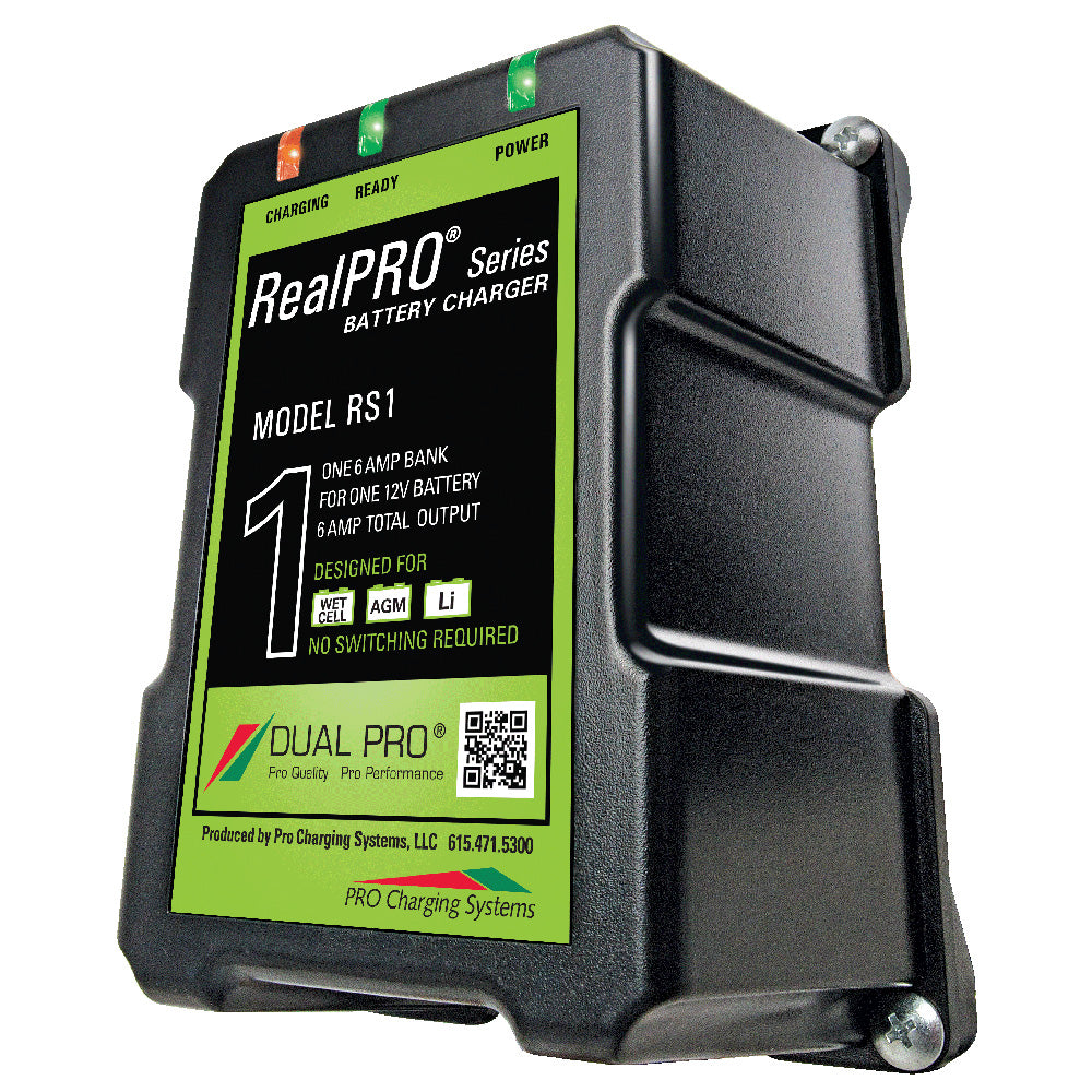 Dual Pro RealPRO Series 6A 1-bank 12V battery charger, compact and durable for reliable vehicle battery charging.