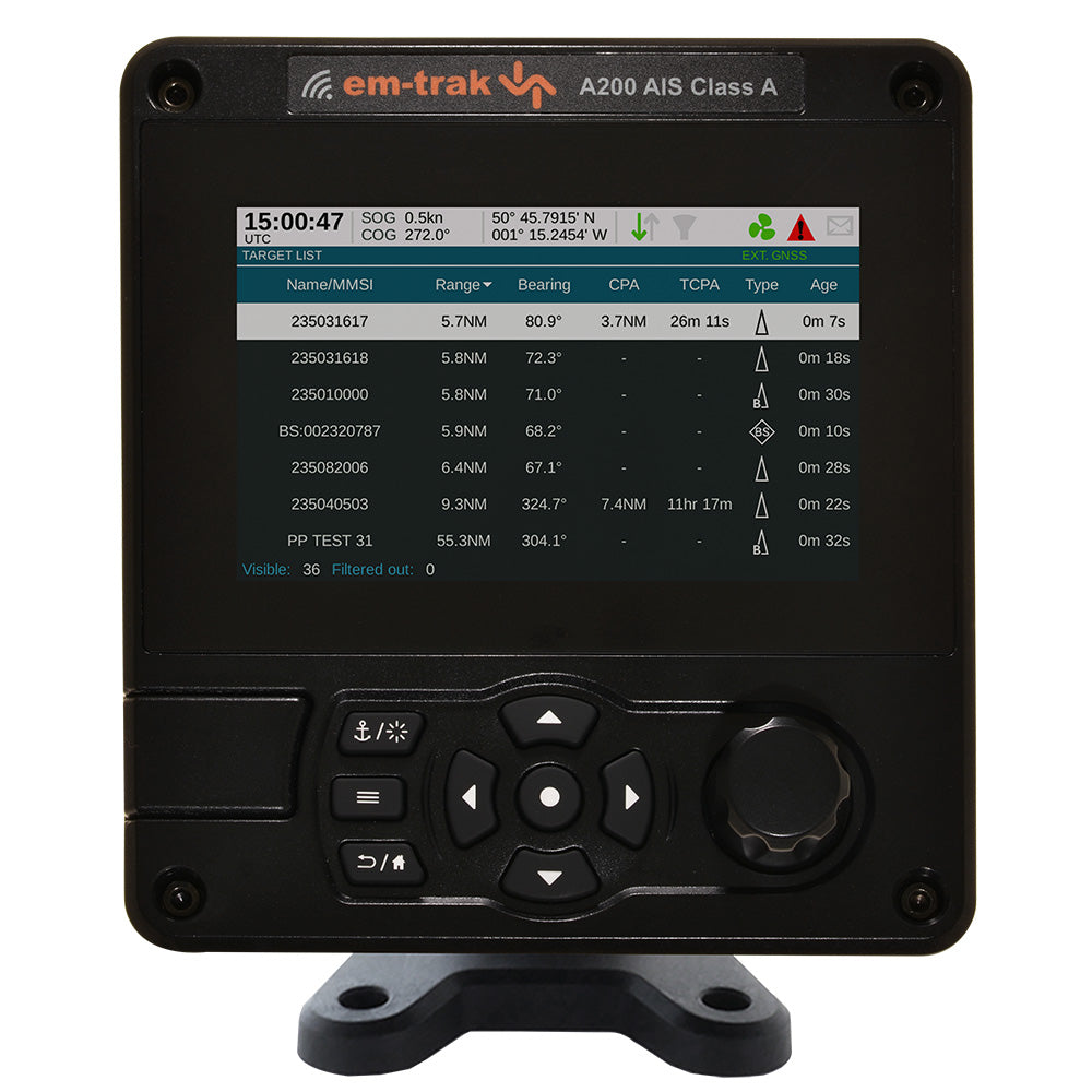 em-trak A200 Class A AIS transceiver installed on a vessel, showing the compact design and control panel of the AIS system.