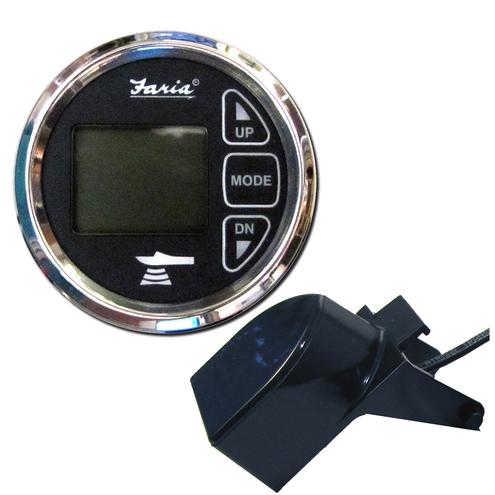 Faria Chesapeake Black 2" dual depth and temperature sounder gauge with transom mount transducer for marine navigation.