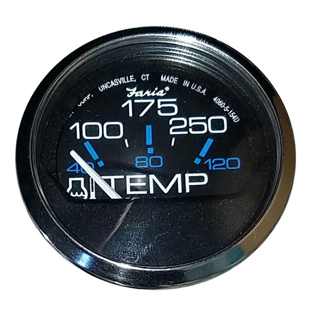 Faria Chesapeake Black 2-inch water temperature gauge by Faria Beede Instruments showing temperature range 100-250°F.