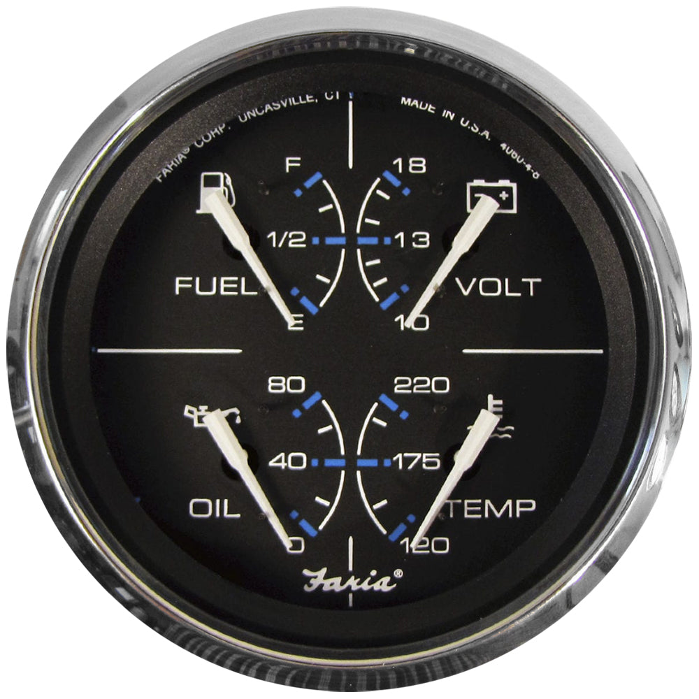 Faria Chesapeake Black 4-inch multifunction gauge from Faria Beede Instruments displaying speed, fuel, and temperature readings.